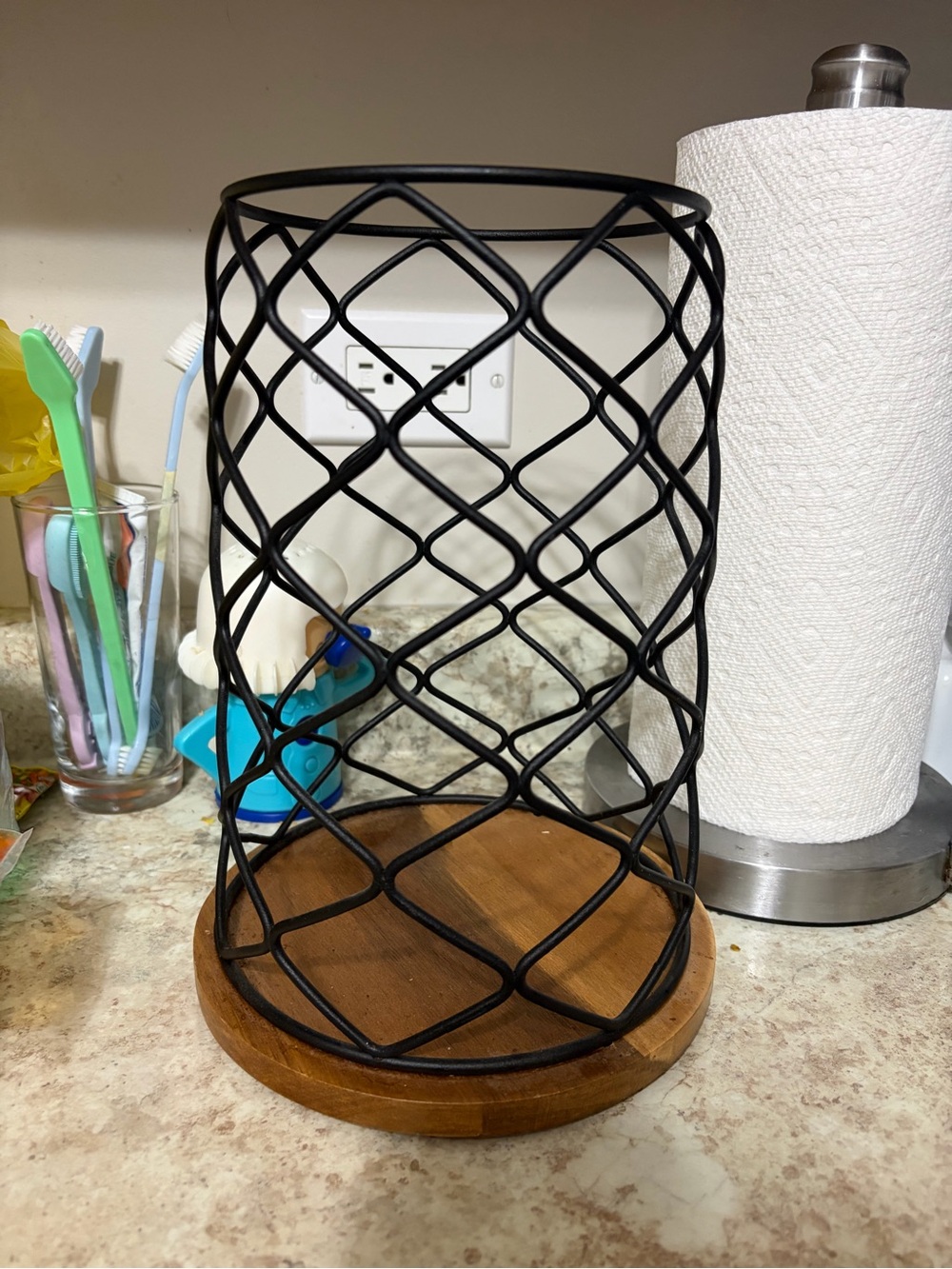 Black Wire Rotating Utensil Holder with Wooden Base